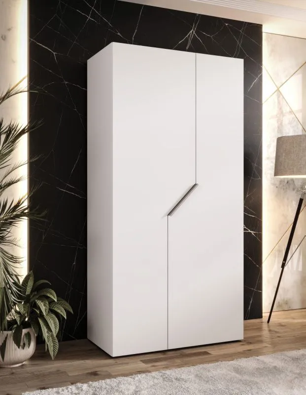 Penderie / Armoire à portes battantes / Couleur : Blanc / 1 mètre de large / 1 compartiment / 1 tringle à vêtements / Poignées : Cachemire / Dimensions : 100 x 52 x 202 cm / Fonction Soft-Close / ABS