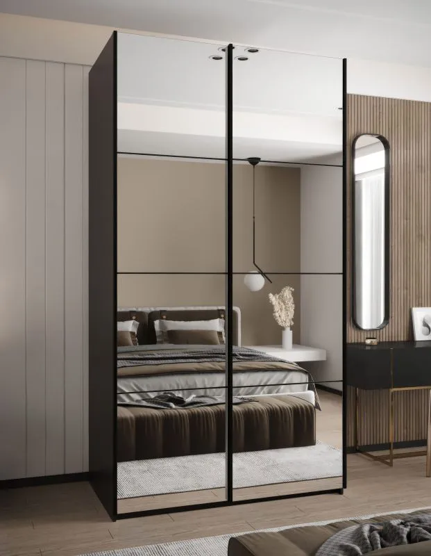 Penderie / Armoire à portes coulissantes / Soft-Close / 2 portes coulissantes / 245,5 x 140 x 64 cm / Miroir / 2 tringles à vêtements / 6 compartiments / Couleur : Noir