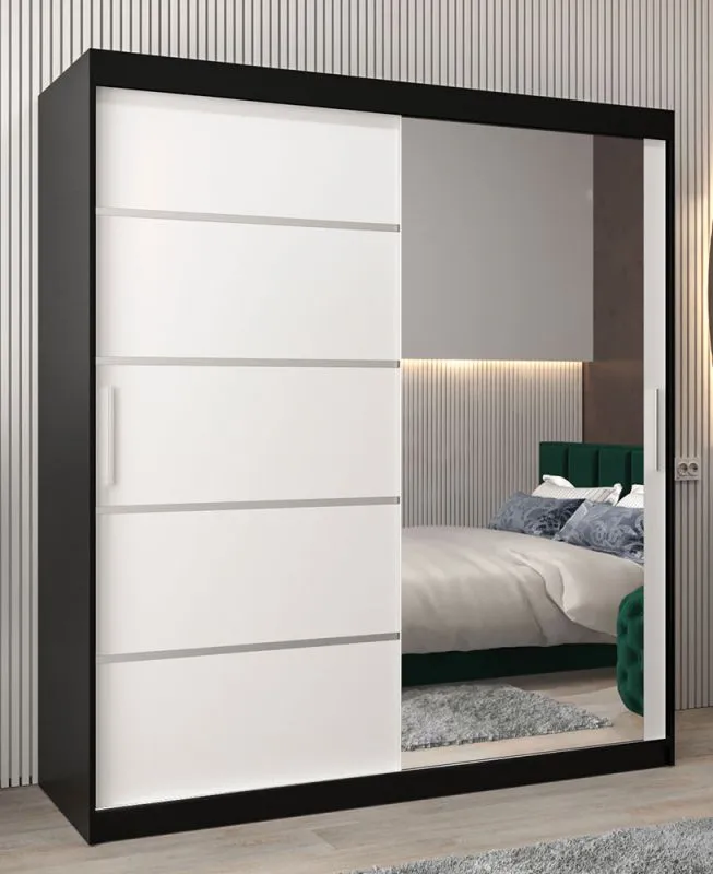 Armoire à portes coulissantes Jan 04B avec miroir | Noir / Blanc mat | 200 x 180 x 62 cm