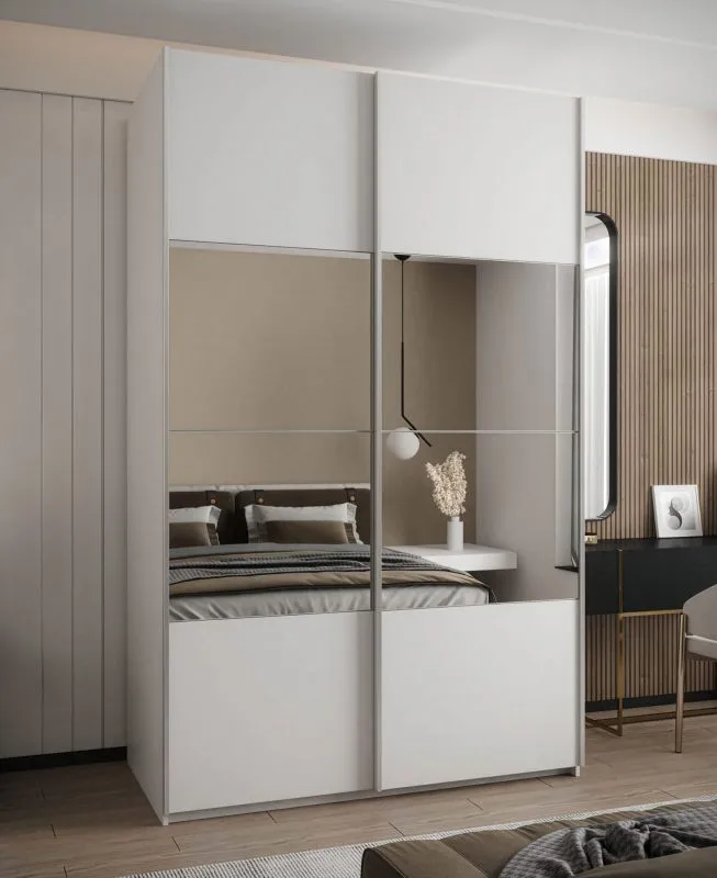 Penderie / Armoire à portes coulissantes / 2 tringles à vêtements / 245,5 x 160 x 64 cm / Fonction Soft-Close / 2 portes coulissantes / Miroir / 11 compartiments / Couleur : blanc