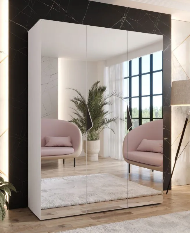 Armoire de chambre à coucher avec miroir / Couleur : Blanc / Fonction soft-close / Poignées : Noir / Dimensions : 150 x 52 x 202 cm / 2 compartiments / Penderie / ABS / 2 tringles à vêtements