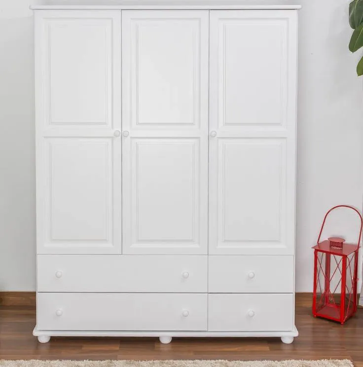 Armoire pin massif blanc laqué | Junco 03 | 195 x 155 x 59 cm | Design moderne | Grande capacité