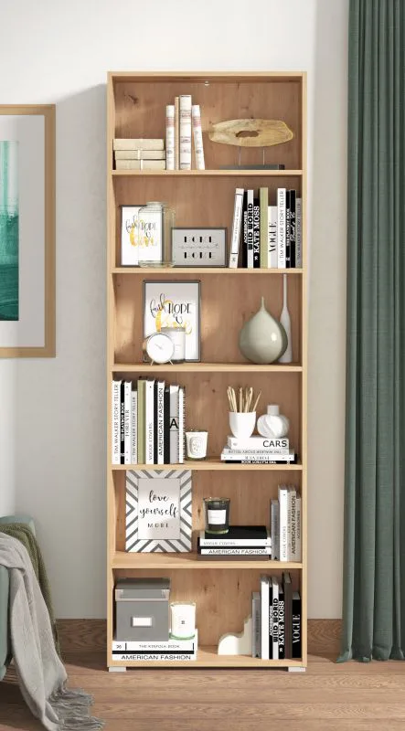 Bibliothèque 6 cases Knide 15 | Chêne gris moderne | Bords ABS | 211,5 x 70 x 24,5 cm | Design épuré