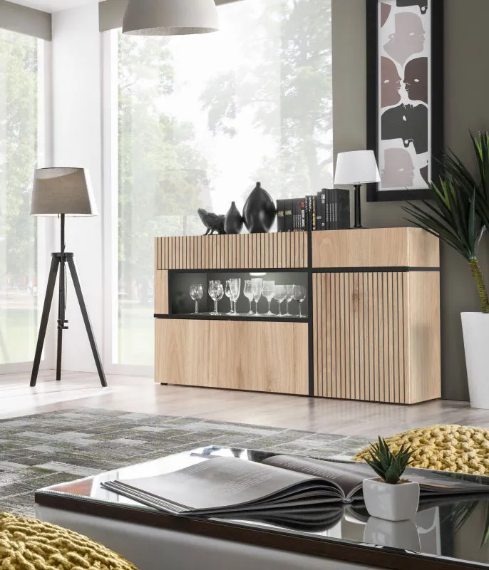 Buffet contemporain avec deux tiroirs | Chêne et noir | 2 portes, 5 compartiments | 90 x 150 x 40 cm