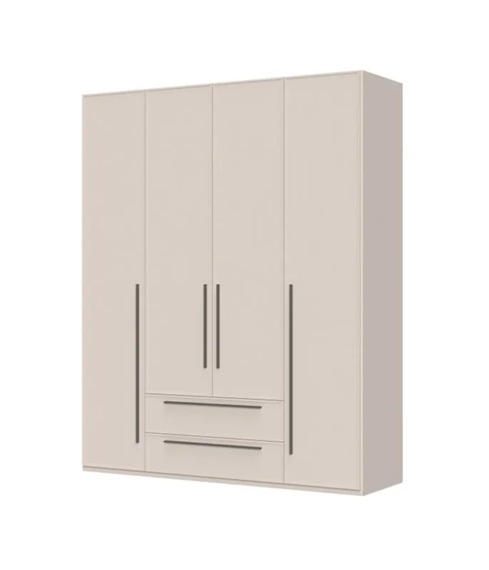 Armoire à deux tiroirs Neiafu 12, quatre portes, couleur : cachemire, dimensions : 224 x 182 x 56 cm, trois tringles à vêtements, système de fermeture en douceur