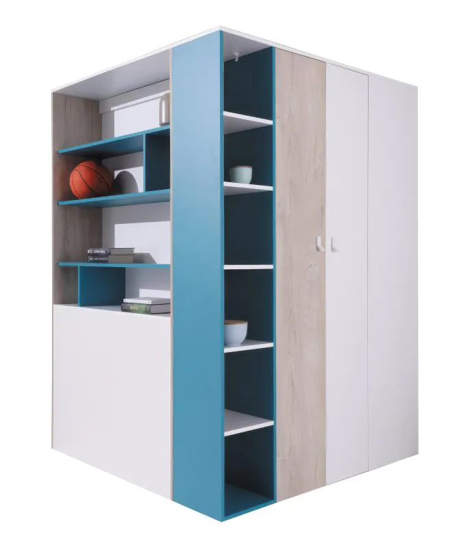 Armoire d'angle Aalst 15 pour chambre ado | Portes battantes | Chêne, blanc, bleu | 190 x 135 x 135 cm