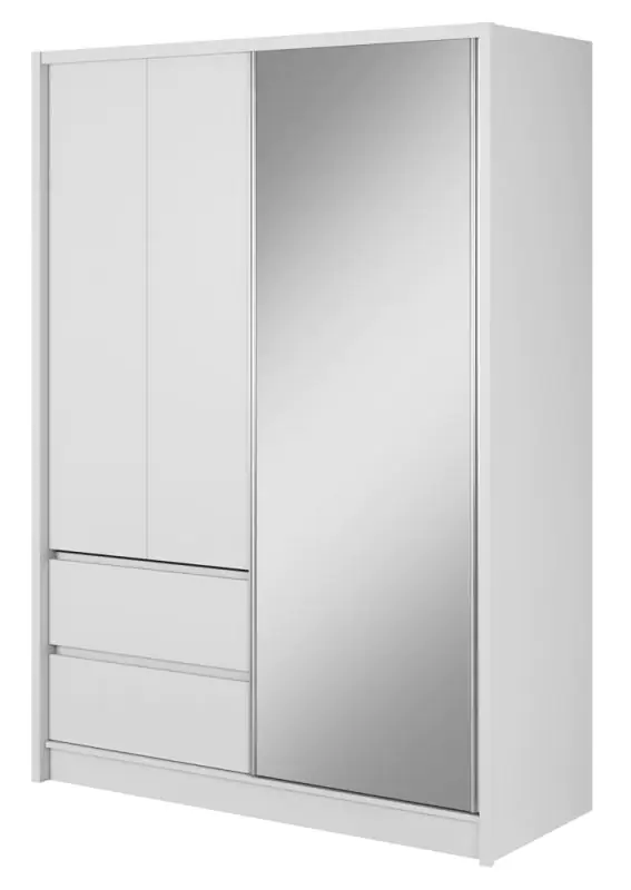 Armoire à portes coulissantes avec deux tiroirs et une tringle à vêtements Kirkdale 08, Couleur : Blanc - Dimensions : 214 x 154 x 62 cm (h x l x p)