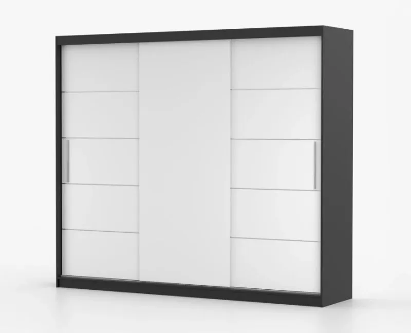 Armoire penderie à portes coulissantes Cevennen 03 | 218 x 250 x 61 cm | Blanc / Noir | 3 portes | 12 compartiments | Avec traverses décoratives
