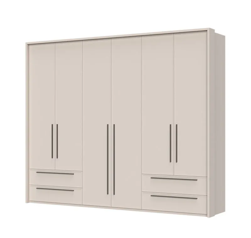 Grande armoire à portes battantes avec cadre Neiafu 52, quatre tiroirs, couleur : cachemire, six portes, cinq étagères, dimensions : 226 x 277 x 60 cm, pieds réglables