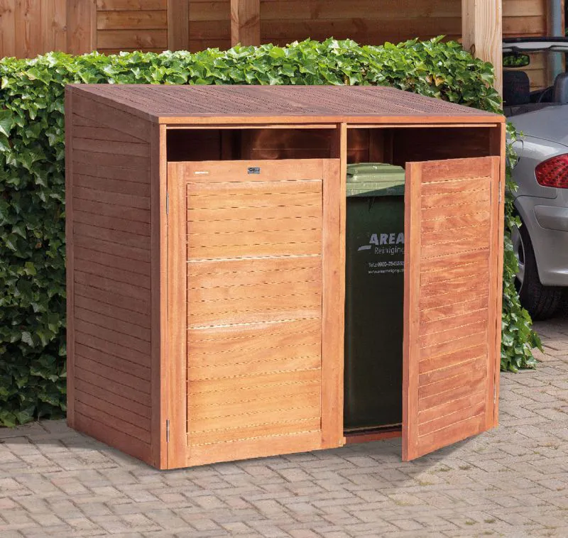 Abri pour poubelles Cubo double, bois dur - Dimensions : 84 x 150 x 135 cm (L x l x h)