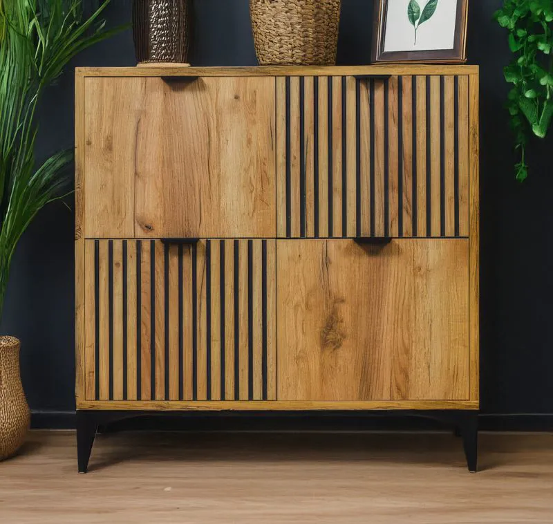 Commode contemporaine 4 portes Calmuco 10 | Chêne doré & Noir | 86 x 86 x 40,5 cm | Finition premium