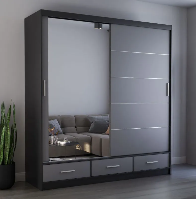 Armoire portes coulissantes avec miroir | 218 x 203 x 61 cm | Gris/Noir | Lusatian 23 | 2 portes, 3 tiroirs, 12 compartiments | Bicolore