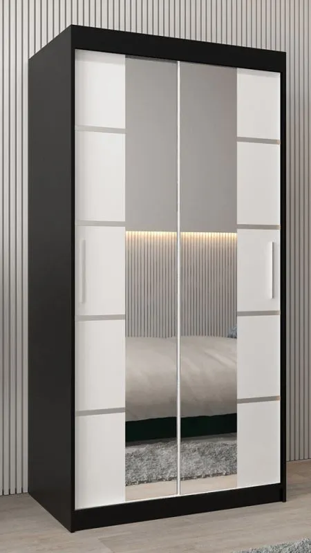 100 cm de large Armoire à portes coulissantes avec 2 portes | 5 casiers | 2 tringles à vêtements | Couleur : Blanc / Noir Abbildung