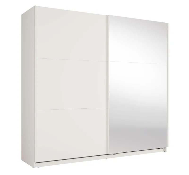 Armoire à portes coulissantes /  6 compartiments / Avec miroir / 1 tringle à vêtements / Blanc / 221 x 60 x 207 cm / Poignées en métal / Système de fermeture Soft-Close / Igoumenitsa 01 / 2 portes coulissantes