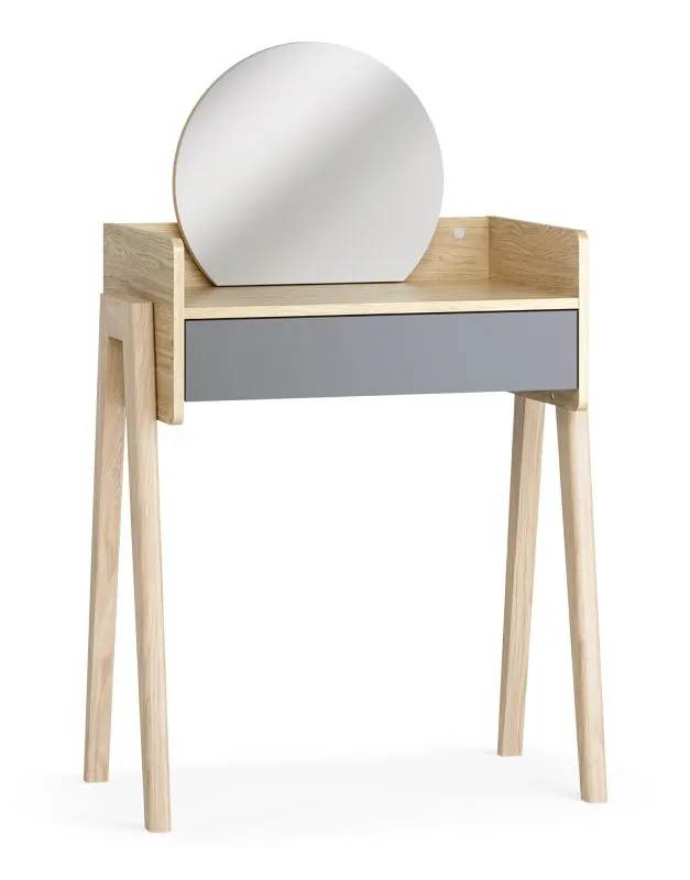 Coiffeuse avec miroir / Couleur : Chêne / Graphite / Fonction Soft-Close / Un tiroir / Endroit idéal pour les cosmétiques / Eclairage LED / Dimensions : 69,5 x 42 x 114 cm