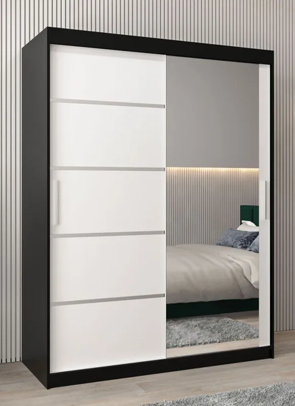 Armoire portes coulissantes Jan 03B avec miroir | Noir/Blanc mat | 200 x 150 x 62 cm