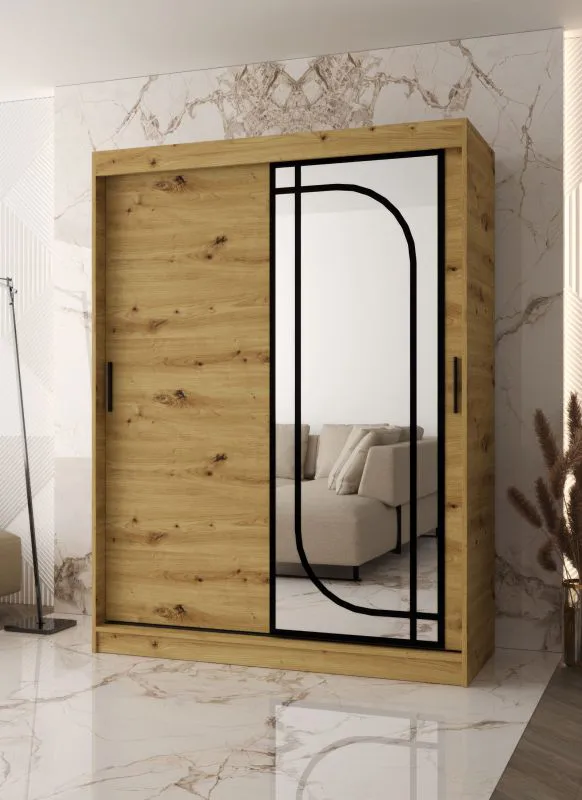 Armoire à portes coulissantes / Penderie à vêtements / Couleur : Chêne artisan / 150 x 62 x 200 cm / 2 tringles à vêtements / Système de glissières fiable / 5 compartiments / Miroir décoratif