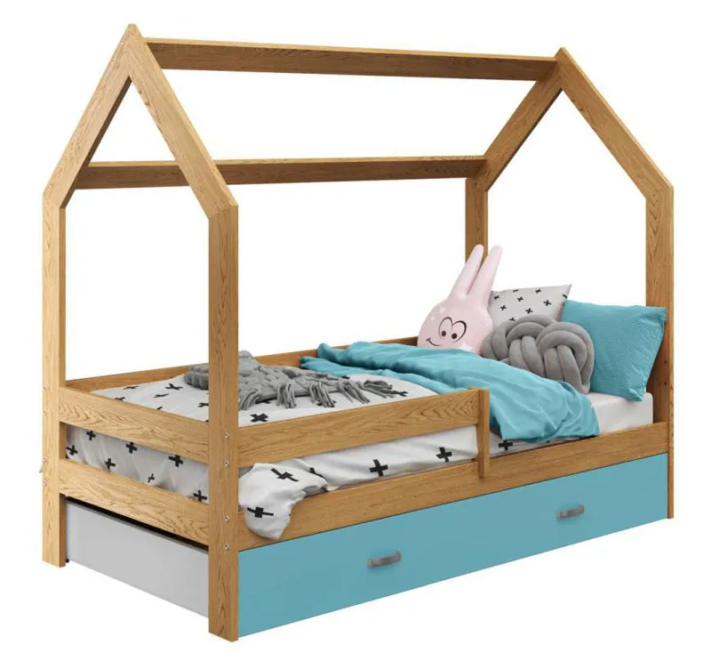 80 x 160 cm Lit pour enfant avec barrière anti-chute | incl. espace de rangement / tiroir  | Bois massif: Pin | Laqué Naturel | incl. Sommier à lattes  Abbildung