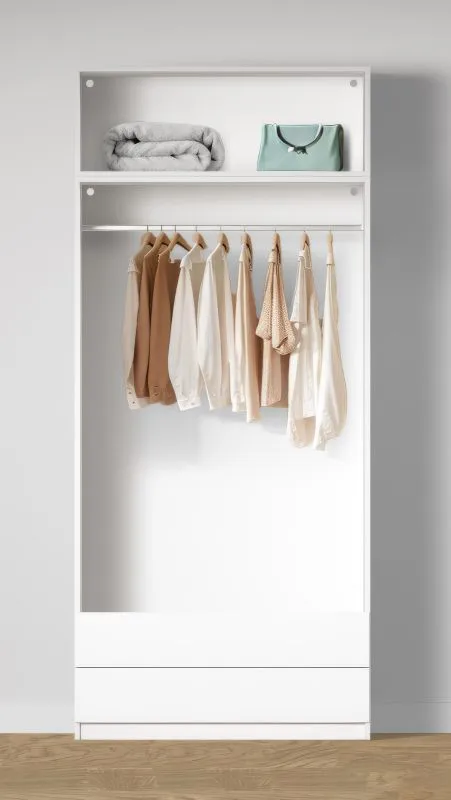 Armoire ouverte / Large / 2 tiroirs / Couleur : Blanc / 1 compartiment / 1 tringle à vêtements / Dimensions : 103 x 55 x 234 cm / Design simple