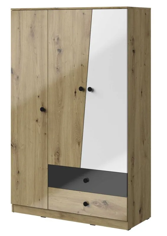 Armoire à portes battantes / Penderie Sirte 03, Couleur : Chêne / Blanc / Noir brillant - Dimensions : 190 x 120 x 50 cm (H x L x P)