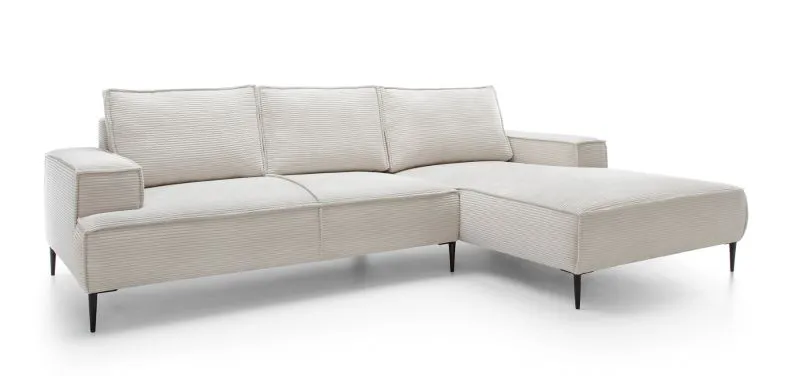 Canapé d’angle Barlby 01 | Ottomane à droite | Velours côtelé beige | 3 grands coussins | 83 x 275 x 173 cm