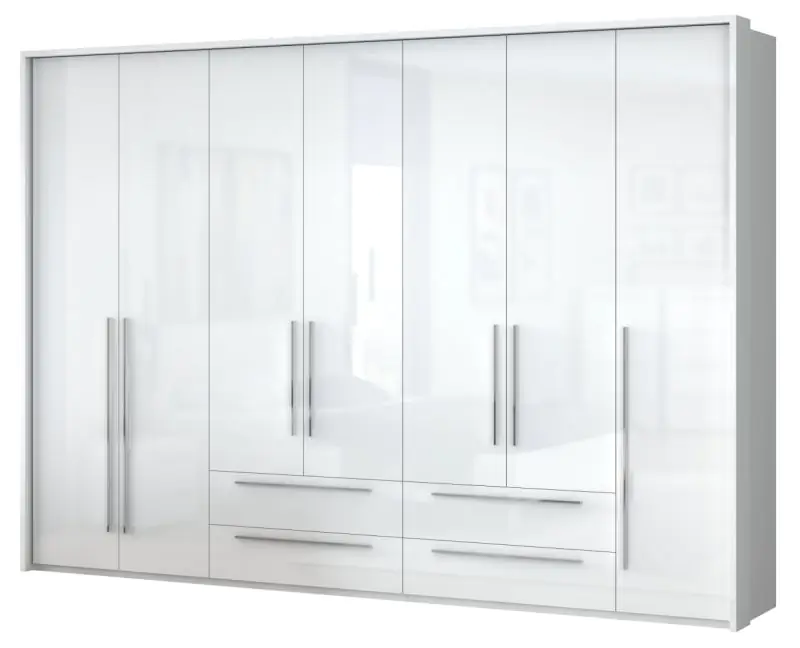 Armoire à portes battantes / armoire avec cadre LED Siumu 38, Couleur : Blanc / Blanc brillant - 226 x 322 x 60 cm (H x L x P)