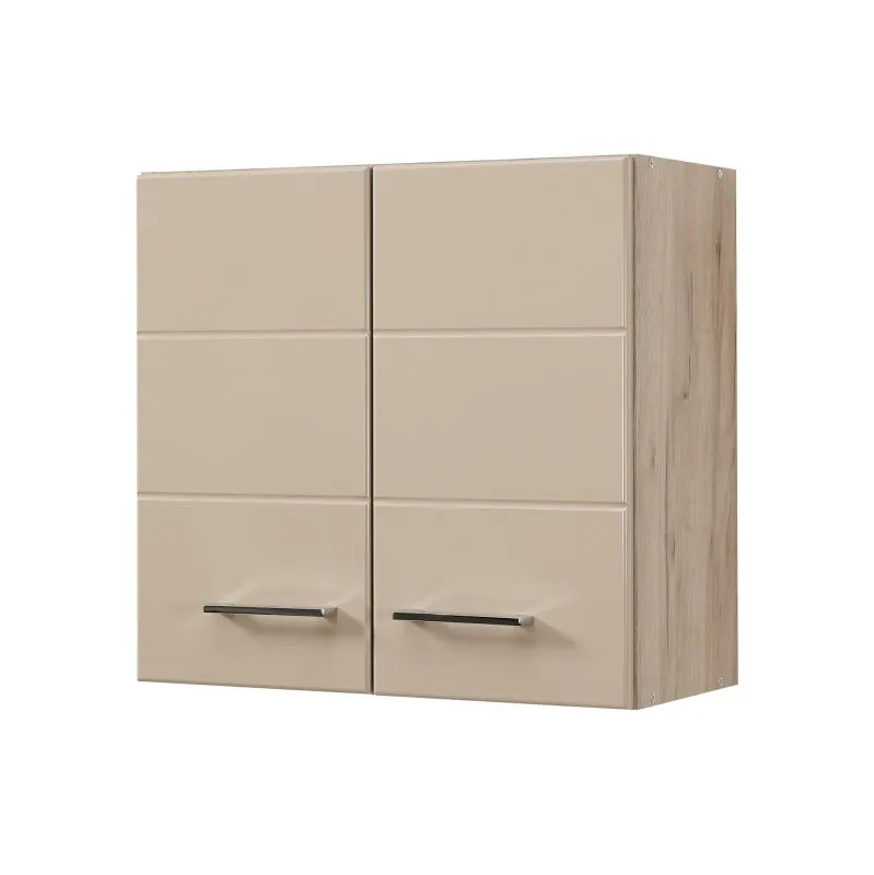 Armoire suspendue Mionica 02, deux compartiments, Couleur : Chêne gris / Sable, chants ABS, Poignées : Argent, dimensions : 57 x 60 x 30 cm, deux portes, pour cuisine