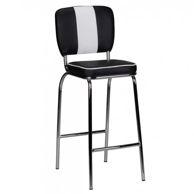 Tabouret de bar style vintage | Noir, blanc & chrome | Assise et dossier rembourrés