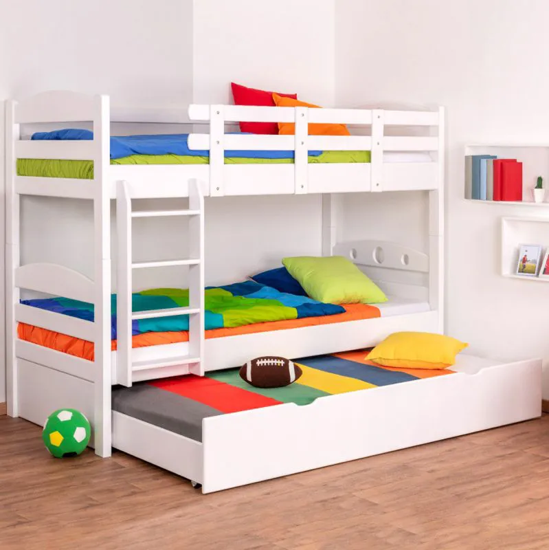90 x 200 cm Lit superposé avec lit gigogne pour 3ème couchage 90 x 190 cm (coffre de lit / espace de rangement) | Bois massif: Hêtre | Laqué Blanc | convertible en deux lits simples | Qualité premium | Incl. Sommier à lattes déroulable Abbildung