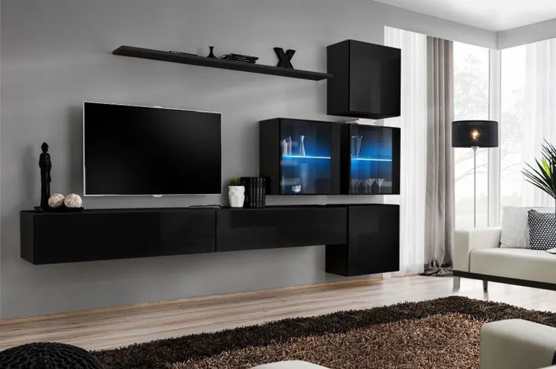 Mur TV design épuré Balestrand 290 | Noir | 200 x 310 x 40 cm | Grand espace de rangement