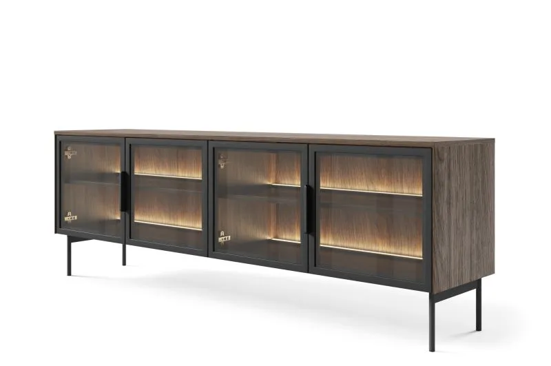 Meuble TV Chaabane 04 / Couleur : Chêne Dunin / Noir / Quatre portes vitrées / Éclairage LED inclus / ABS / Dimensions : 61,6 x 181 x 39 cm / Poignées et Pieds : Métal
