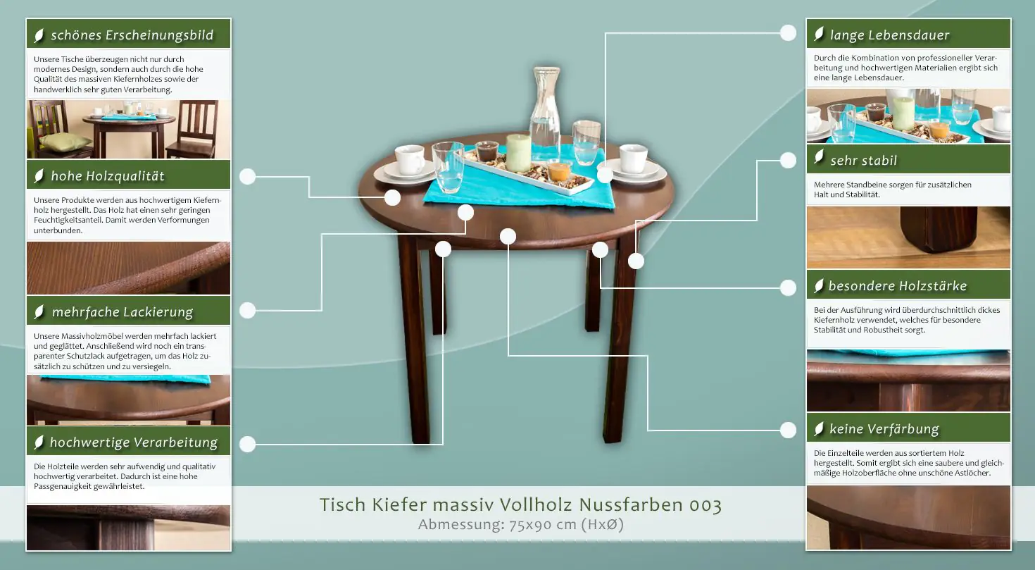 Table 90x90 cm, Couleur: Noisette, Höhe (cm) 75, Länge/Tiefe (cm