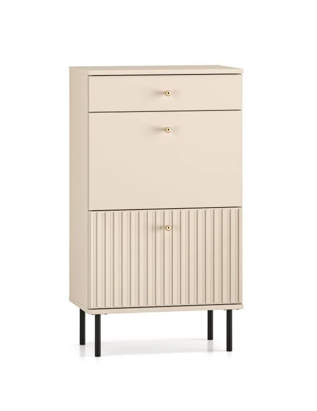 Armoire à chaussures Petkula 13 | 2 portes basculantes soft-close | 4 compartiments | Tiroir | Beige clair & or mat