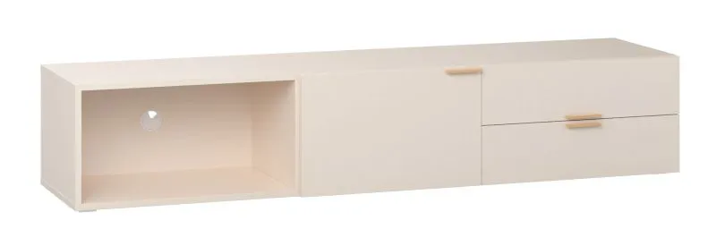 Meuble bas TV / Couleur : Beige / 2 tiroirs / Poignées : Chêne / 1 passe-câbles / Dimensions : 187 x 42 x 36 cm / 2 compartiments / Fonction Soft-Close