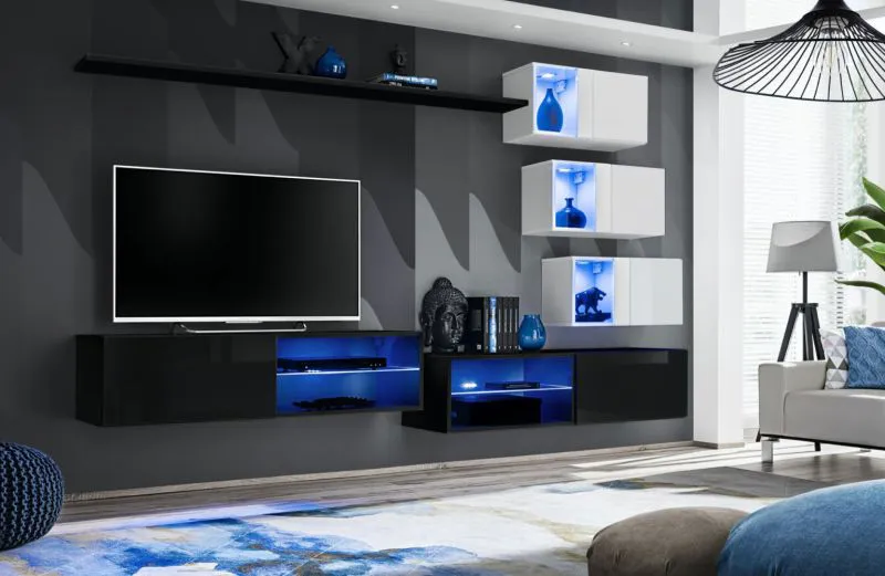 Mur TV Volleberg 54 | Noir/Blanc | 150 x 250 x 40 cm | Éclairage LED intégré