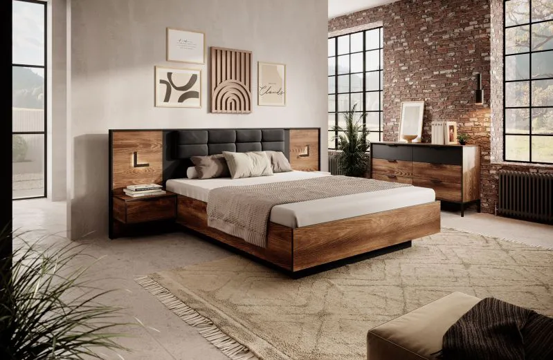 Ensemble de chambre à coucher - Ensemble B Jendouba / 3 pièces / Couleur : Châtaigne / Anthracite / Système de fermeture Soft-Close / Poignées et Pieds : Métal / 1 commode / 2 tables de chevet