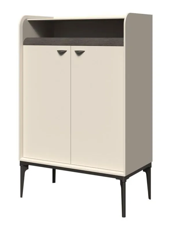 Commode étroite crème | Plateau arrondi chêne gris | 124 x 81 x 43 cm | Soft Close | Pieds métal