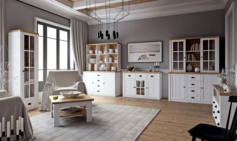 Salon 8 pièces style campagne | Pin blanc & Chêne brun | Ensemble Segnas | Finition haut de gamme