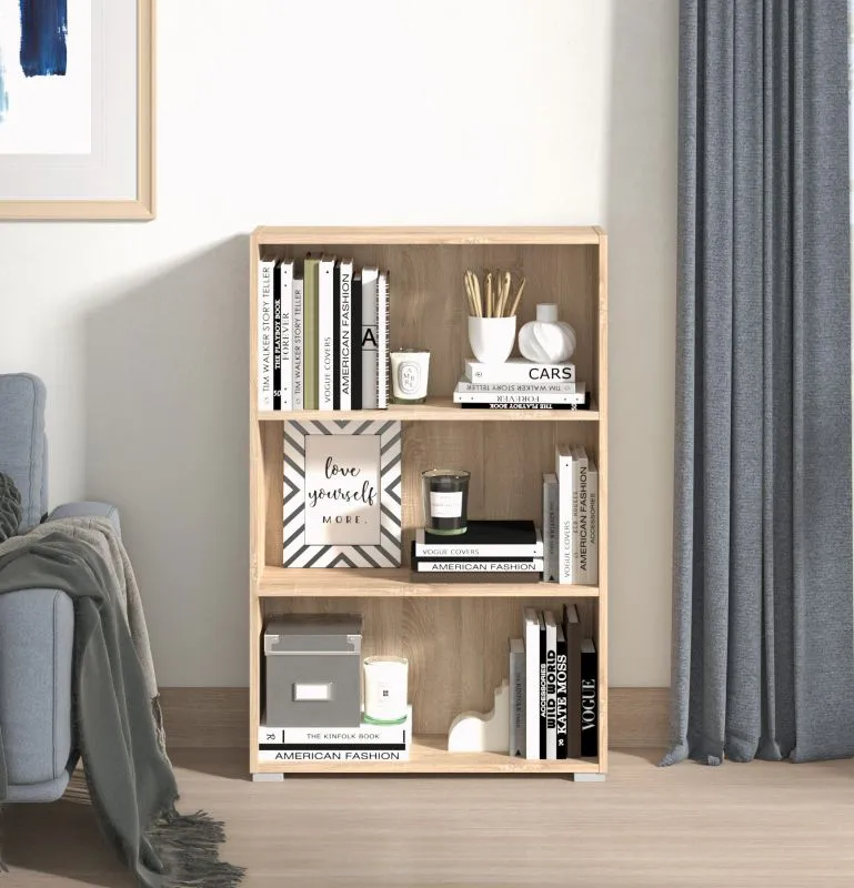 Bibliothèque Knide 04 | Chêne Sonoma | 3 compartiments | Protection ABS | 107,5 x 70 x 24,5 cm