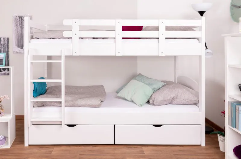 Lits superposés pour adultes "Easy Premium Line" K17/n avec 2 tiroirs et 2 caches, 90 x 200 cm (l x L) Hêtre massif laqué blanc, convertibles