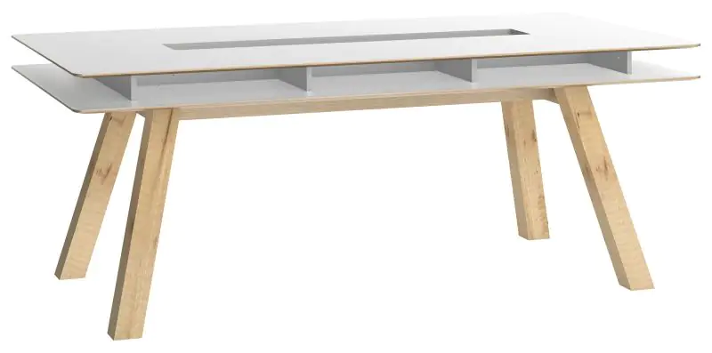 Table de salle à manger Minnea 34, couleur : blanc / chêne - Dimensions : 200 x 100 cm (L x P)