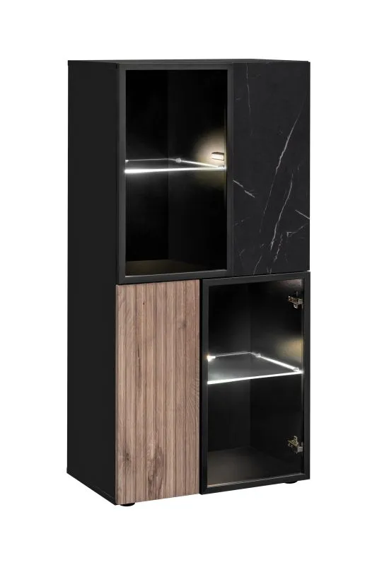 Vitrine / Façade striée / Couleur : Noir / Chêne vicking / Marbre noir / 60 x 40 x 122 cm / Fonction push-to-open / Éclairage LED inclus / 8 compartiments