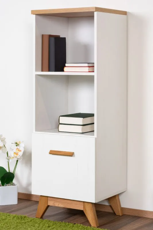 Bibliothèque Panduros 07 | Pin blanc & chêne brun | 128 x 45 x 40 cm | Design moderne et rangement pratique