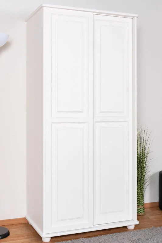 Armoire 2 portes coulissantes Junco 14A | Pin massif blanc | 196 x 92 x 60 cm | 1 penderie & 1 étagère | Montage facile