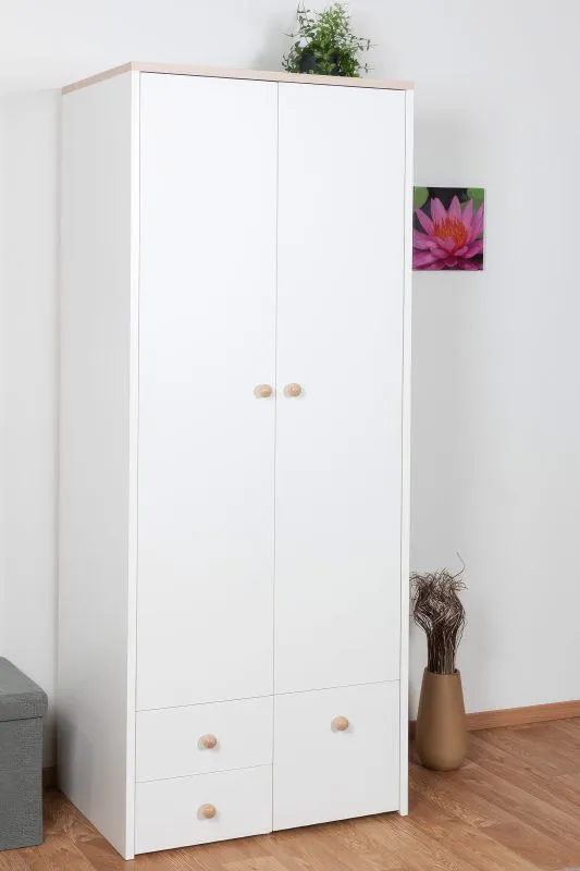 Armoire enfant Egvad 02 | 2 portes battantes, 3 tiroirs, 1 compartiment | Blanc / hêtre | 193 x 80 x 51 cm
