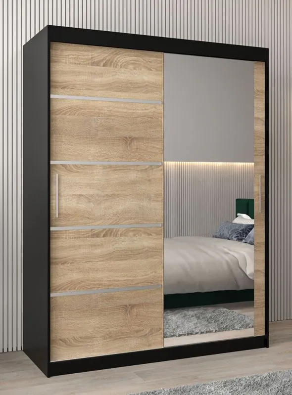 Armoire penderie coulissante avec miroir Jan 03B | Noir & Chêne Sonoma | 200 x 150 x 62 cm