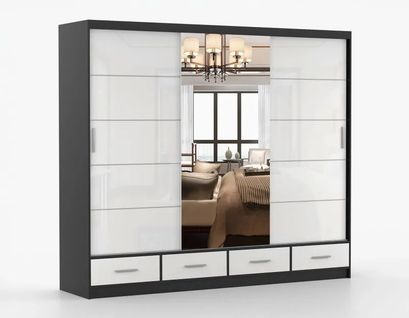 Armoire penderie à portes coulissantes avec miroir | 218 x 250 x 61 cm | Blanc/Noir | Lusatian 28 | 3 portes, 4 tiroirs, 7 étagères | Design bicolore