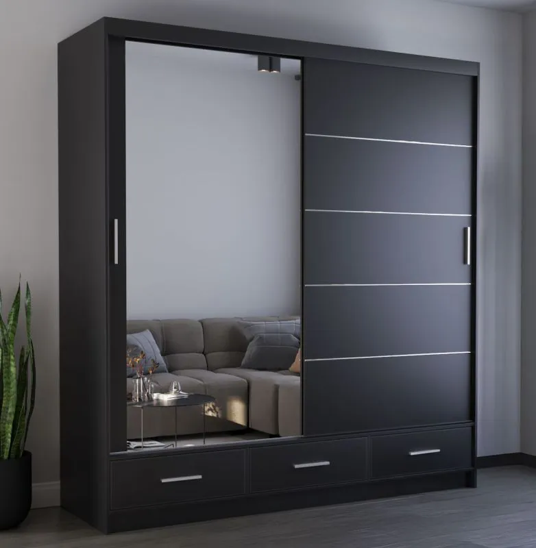 Armoire à portes coulissantes avec miroir noir | Lusatian 26 | 218 x 203 x 61 cm | 2 portes | 3 tiroirs | 12 compartiments | Grand espace de rangement