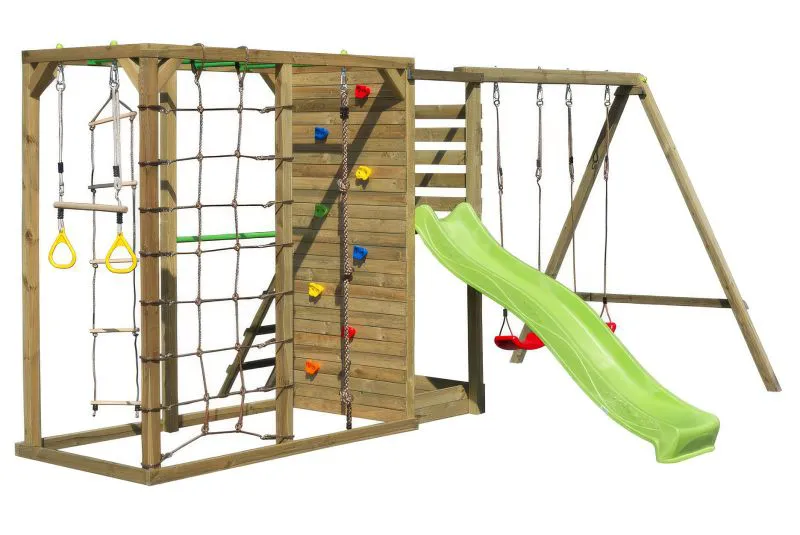 Echafaudage à grimper S38C avec toboggan ondulé / extension de balançoire double / mur d'escalade / filet à grimper / échelle de corde / anneaux de gymnastique / corde à grimper et barres horizontales / 462 x 360 cm