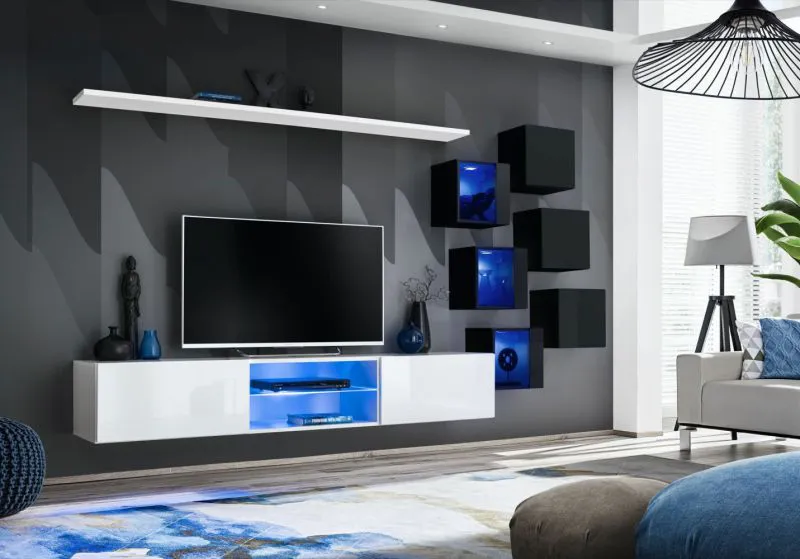 Meuble mural design Volleberg 05 | LED intégrée | Blanc/Noir | 140 x 260 x 40 cm | Push-to-open